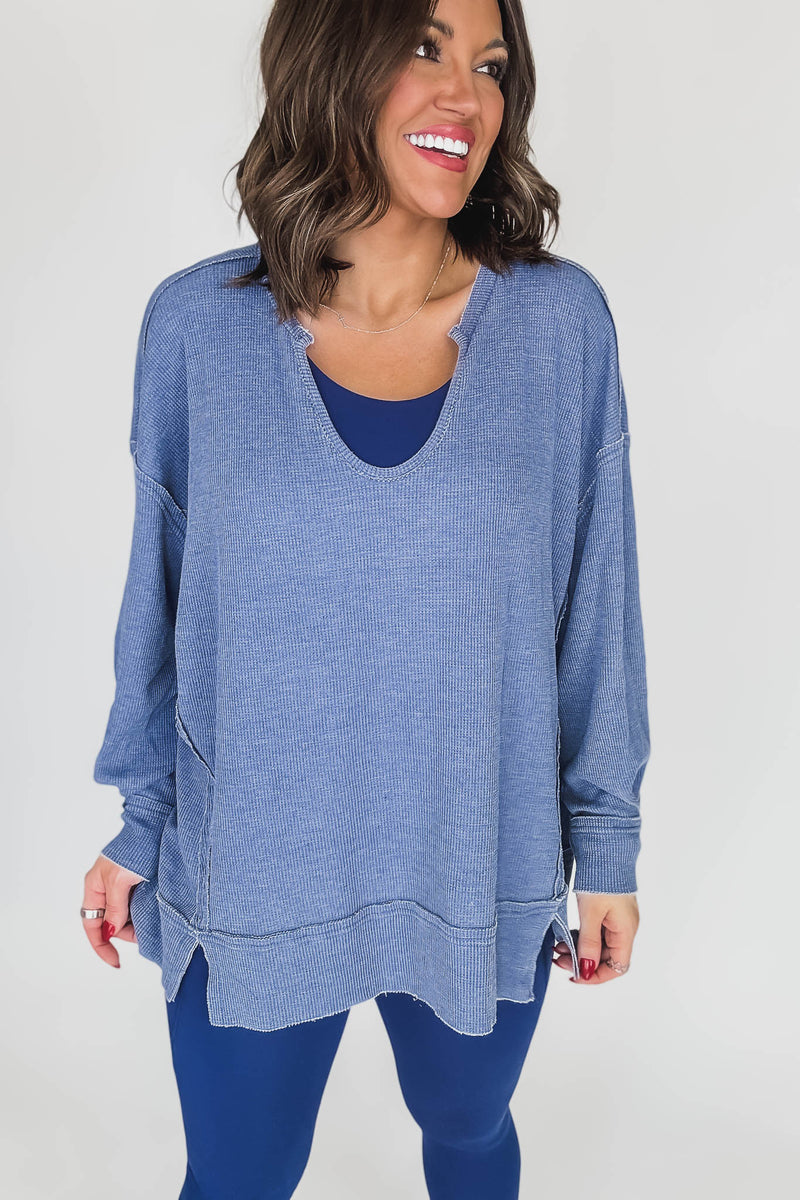 Cotton Blend True Blue Waffle Knit Oversized Long Sleeve