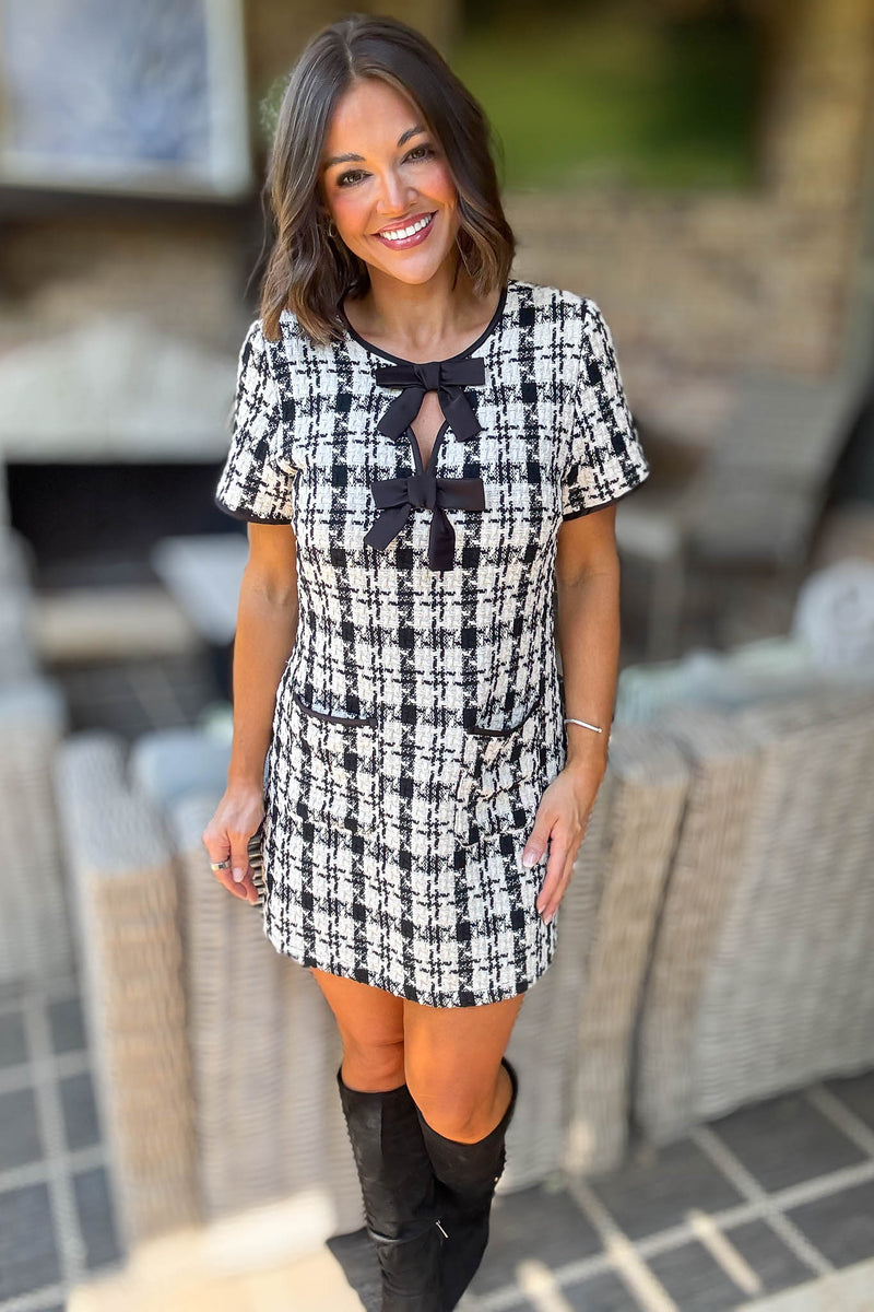 Mable Tweed Short Sleeve Front Bow Detail Mini Dress