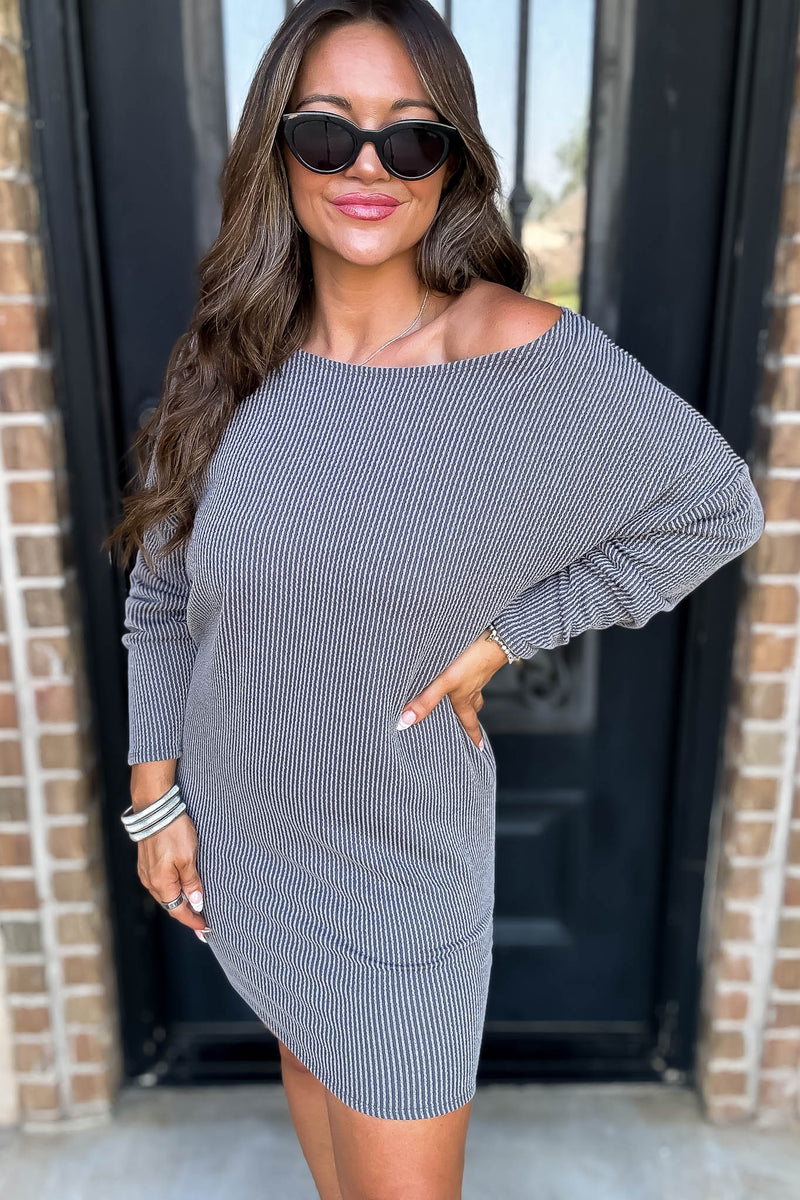 Off The Shoulder Grey Ribbed Dress
