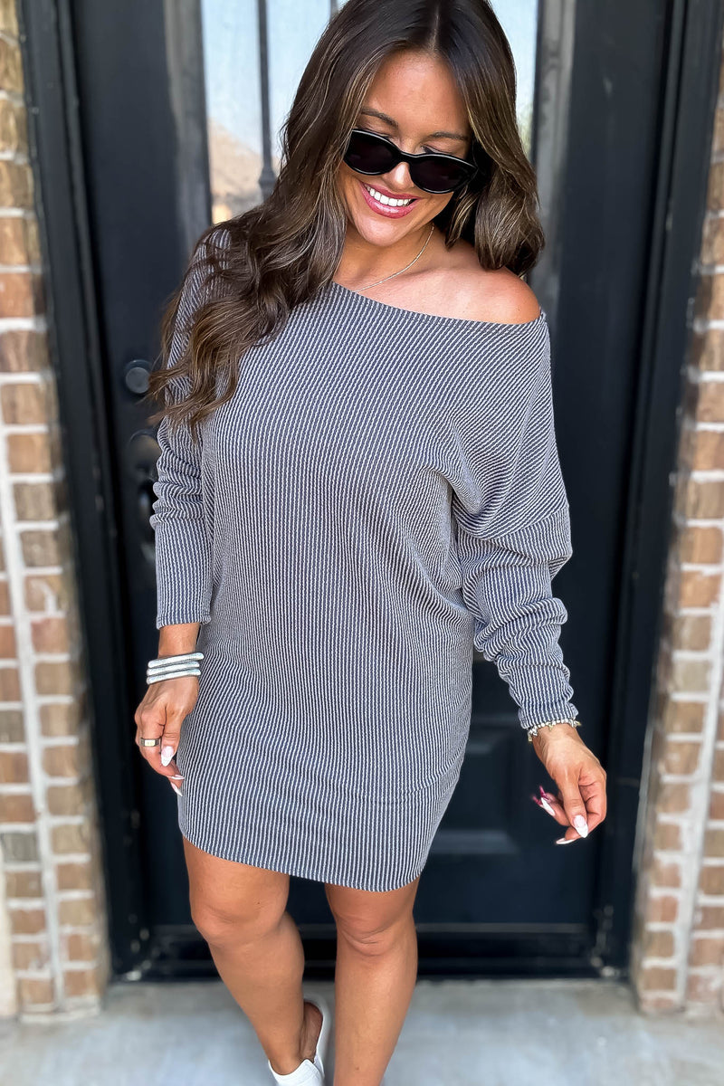 Off The Shoulder Grey Ribbed Dress