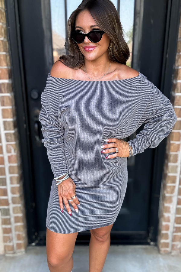 Off The Shoulder Grey Ribbed Dress
