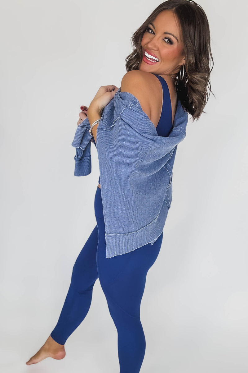 Cotton Blend True Blue Waffle Knit Oversized Long Sleeve