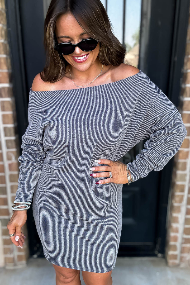 Off The Shoulder Grey Ribbed Dress