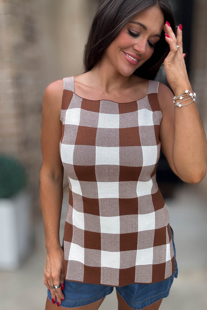 Mable Brown Gingham Plaid Knit Top