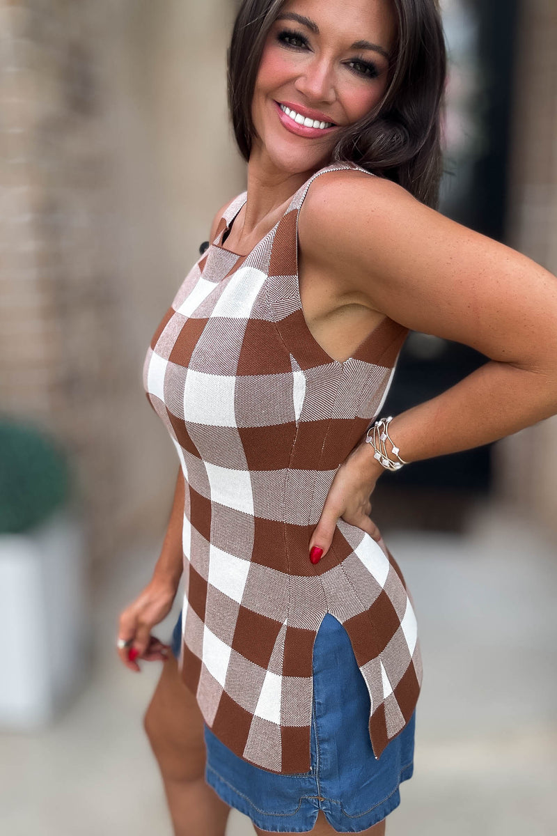 Mable Brown Gingham Plaid Knit Top
