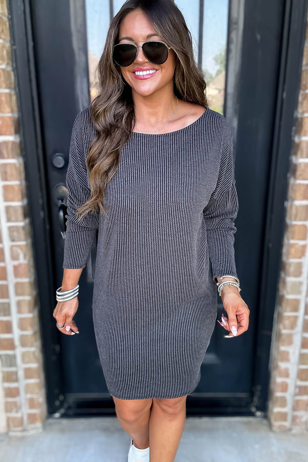 Off The Shoulder Charcoal RIbbed Dress