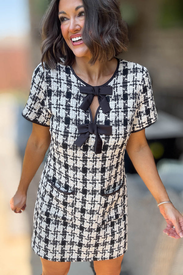Mable Tweed Short Sleeve Front Bow Detail Mini Dress
