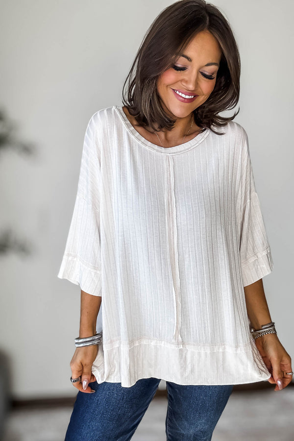 Ribbed Sand Beige Drop Shoulder Half Sleeve Boat-Neck Top
