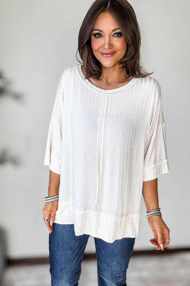 Ribbed Sand Beige Drop Shoulder Half Sleeve Boat-Neck Top