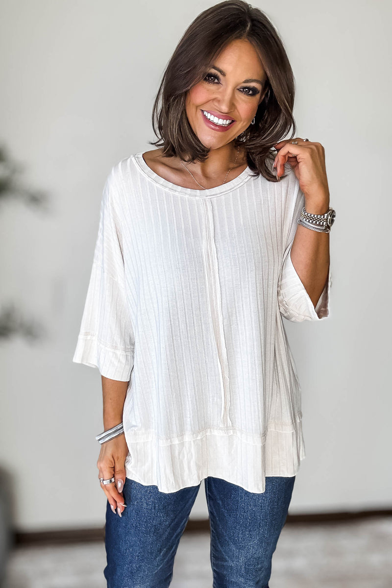 Ribbed Sand Beige Drop Shoulder Half Sleeve Boat-Neck Top