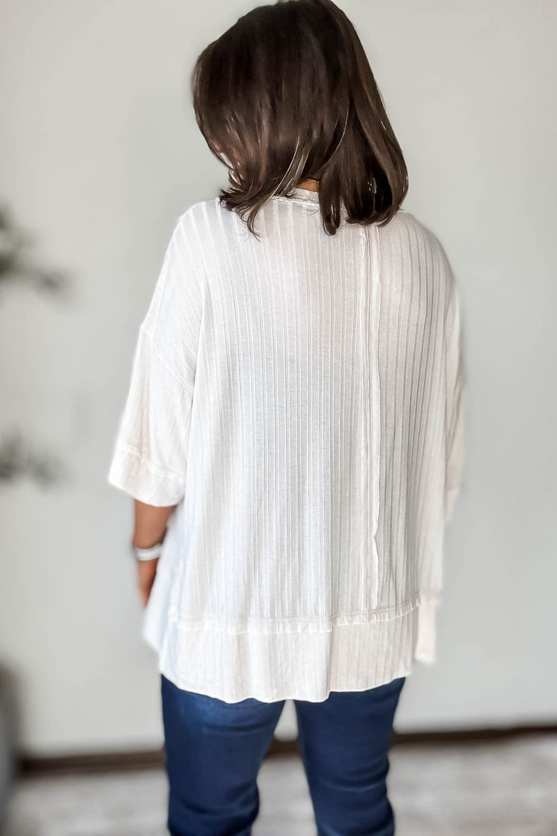 Ribbed Sand Beige Drop Shoulder Half Sleeve Boat-Neck Top