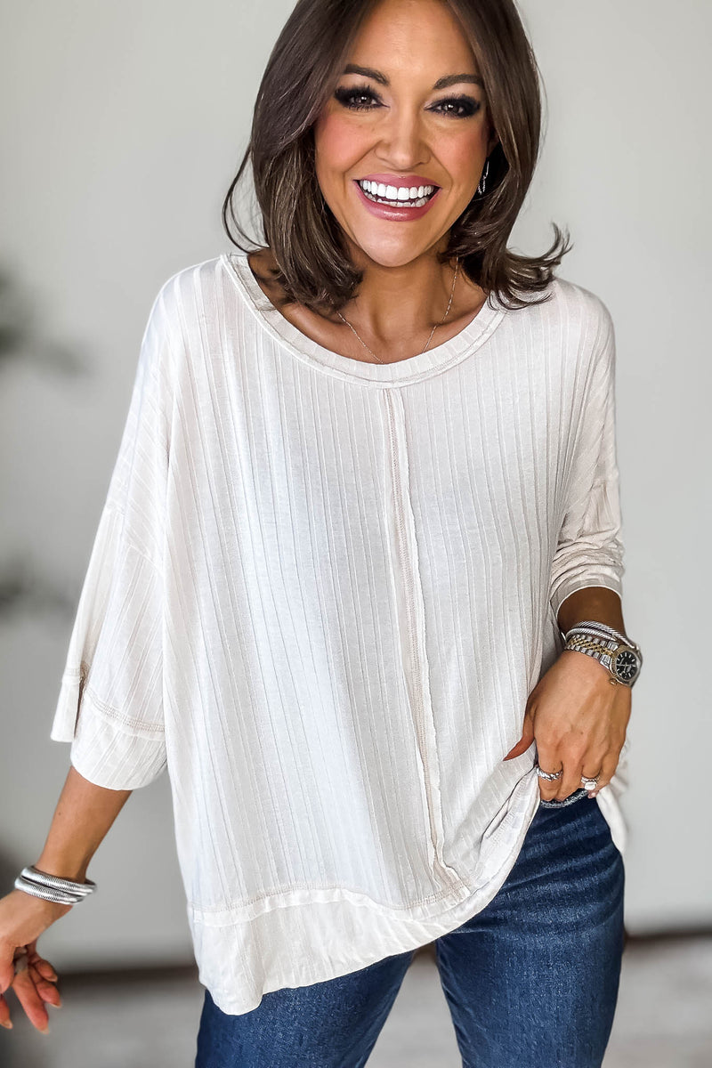 Ribbed Sand Beige Drop Shoulder Half Sleeve Boat-Neck Top