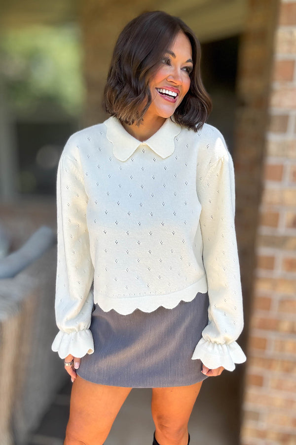 Mable Cream Knit Scallop Collar Hem Crop Pointelle Sweater Top