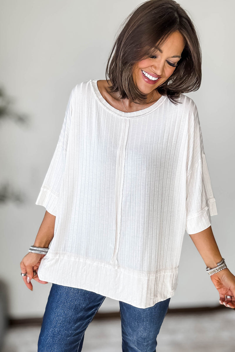 Ribbed Sand Beige Drop Shoulder Half Sleeve Boat-Neck Top
