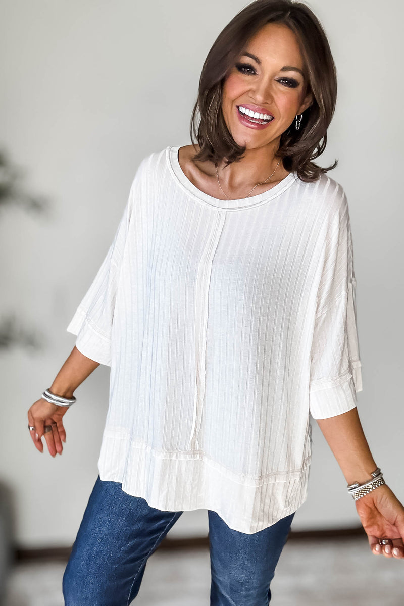 Ribbed Sand Beige Drop Shoulder Half Sleeve Boat-Neck Top