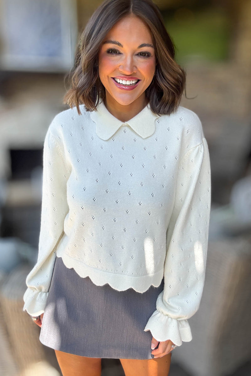 Mable Cream Knit Scallop Collar Hem Crop Pointelle Sweater Top