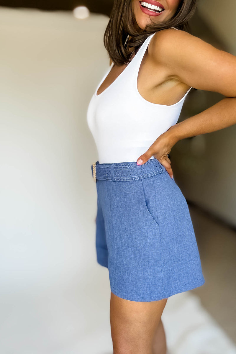 Belt Embroidery Detail Denim Blue Shorts