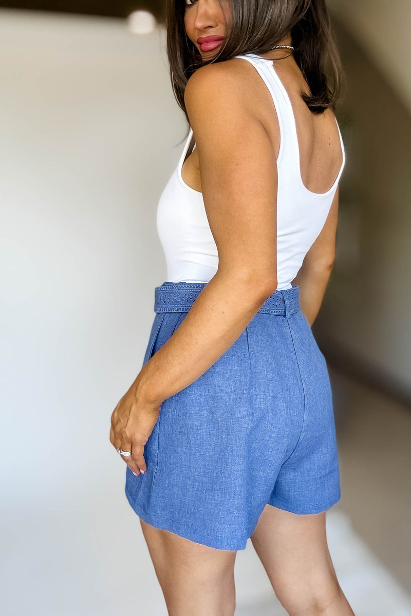 Belt Embroidery Detail Denim Blue Shorts