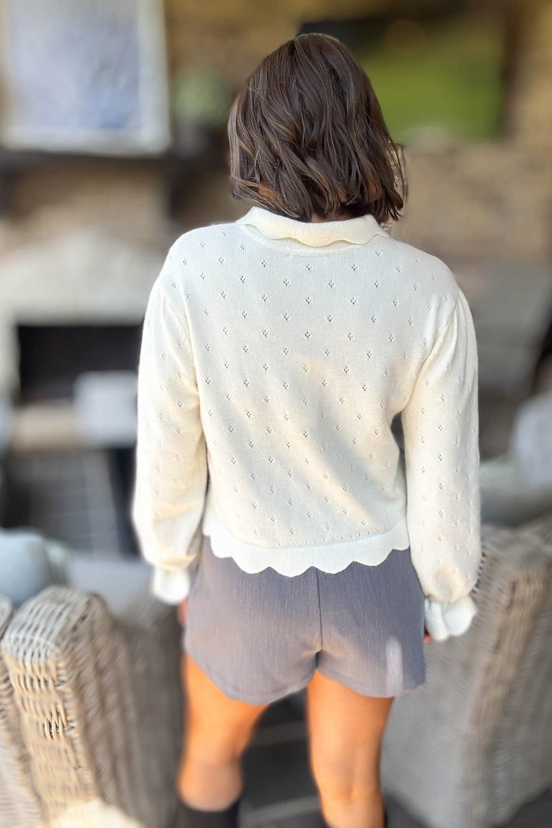 Mable Cream Knit Scallop Collar Hem Crop Pointelle Sweater Top