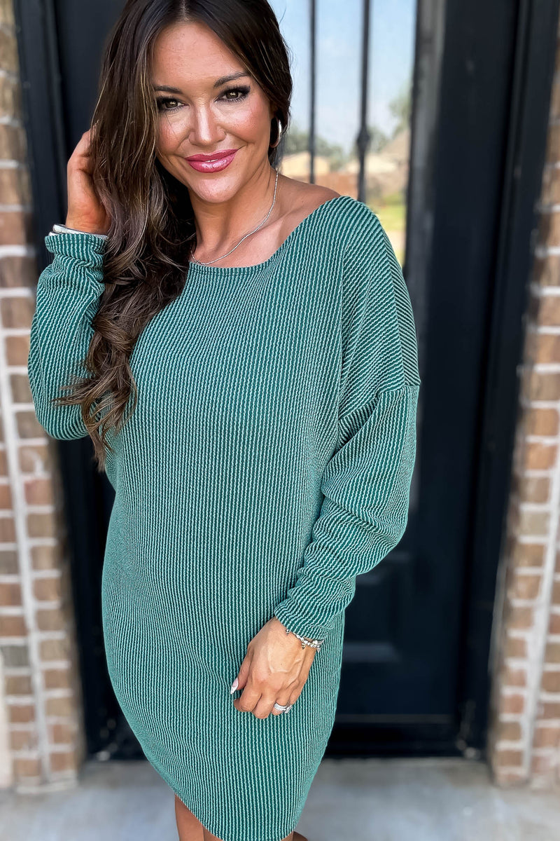 Off The Shoulder Hunter Green Ribbed Dress