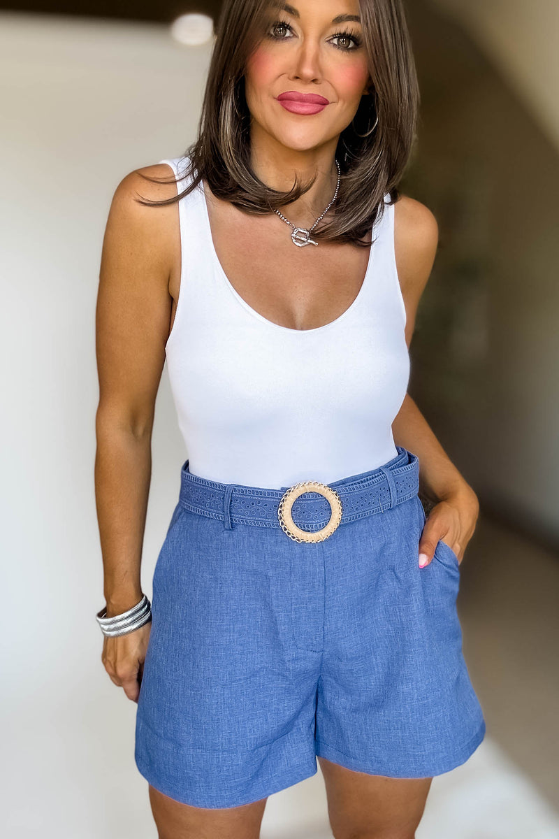 Belt Embroidery Detail Denim Blue Shorts