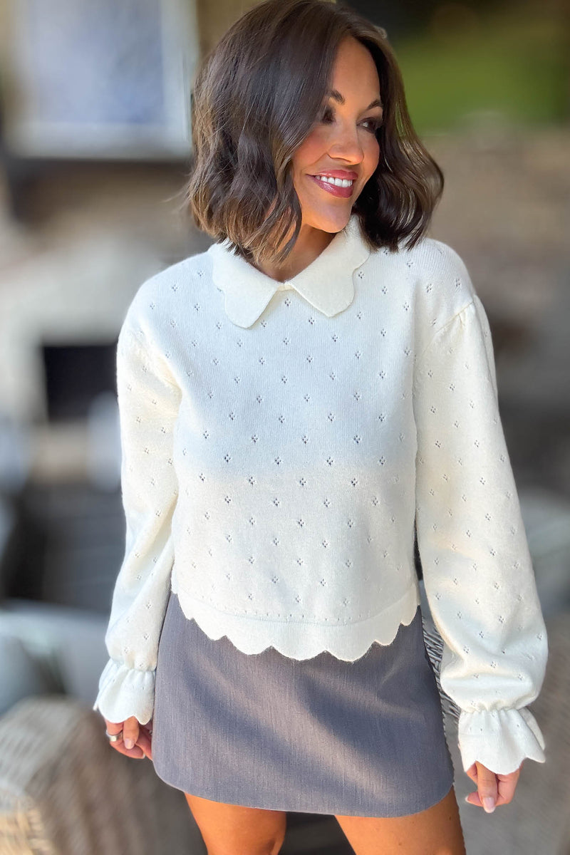 Mable Cream Knit Scallop Collar Hem Crop Pointelle Sweater Top
