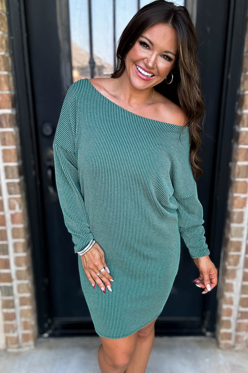 Off The Shoulder Hunter Green Ribbed Dress