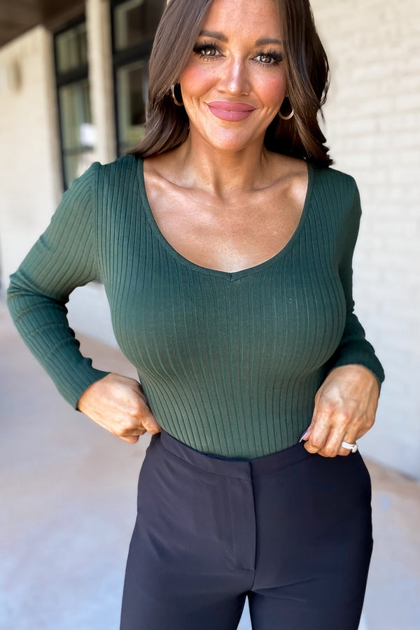 Great Basic Green V Neckline Yarn Long Sleeve Body Suit