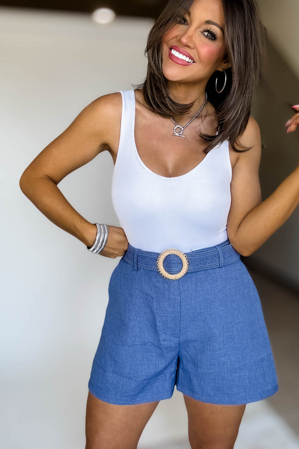 Belt Embroidery Detail Denim Blue Shorts