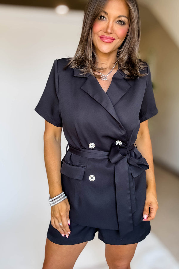 Short Sleeve Black Blazer Waist Tie Detail with Shorts Set