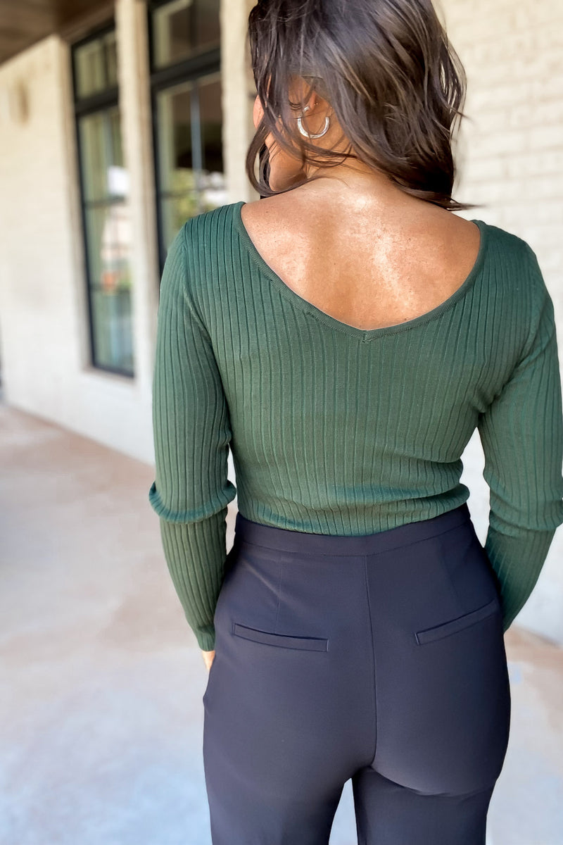 Great Basic Green V Neckline Yarn Long Sleeve Body Suit