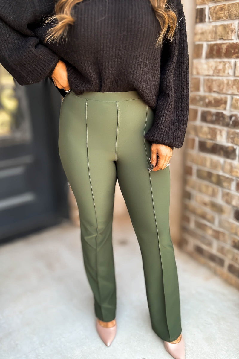 Business Casual Forest Scuba Knit High Rise Pintuck Tailored Boot Pant