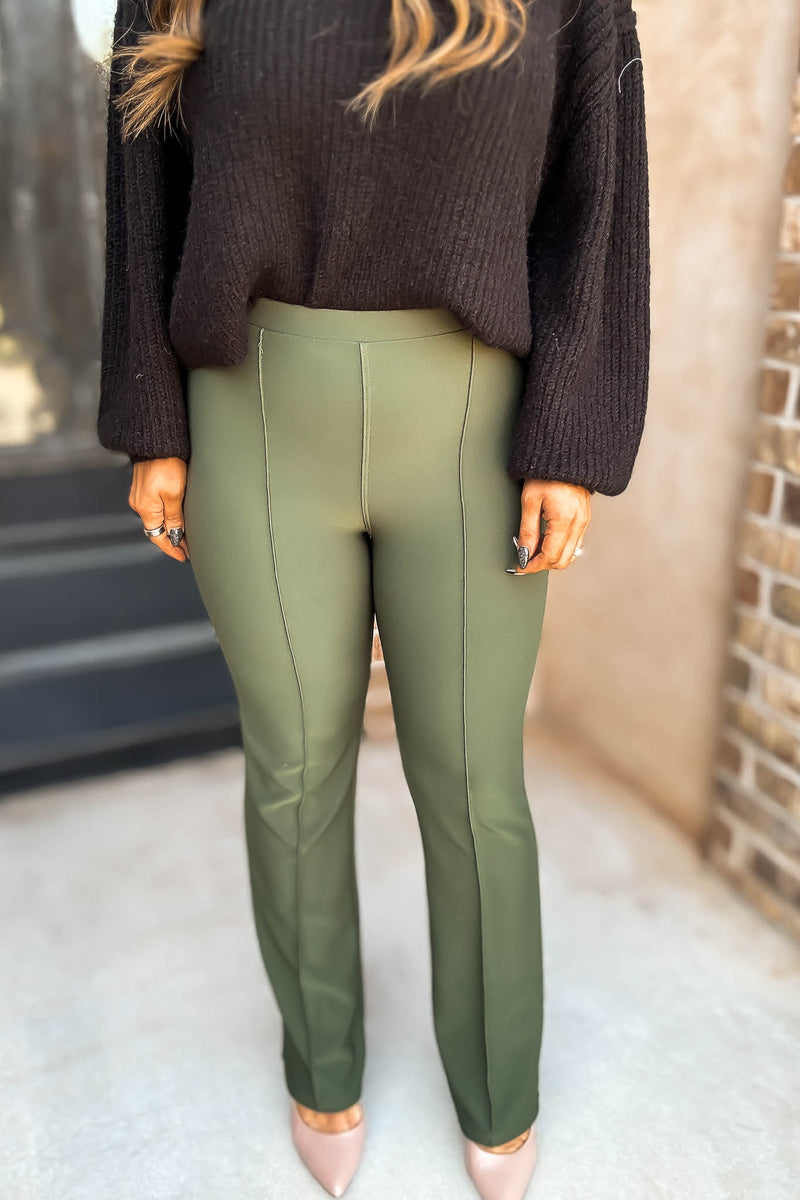 Business Casual Forest Scuba Knit High Rise Pintuck Tailored Boot Pant