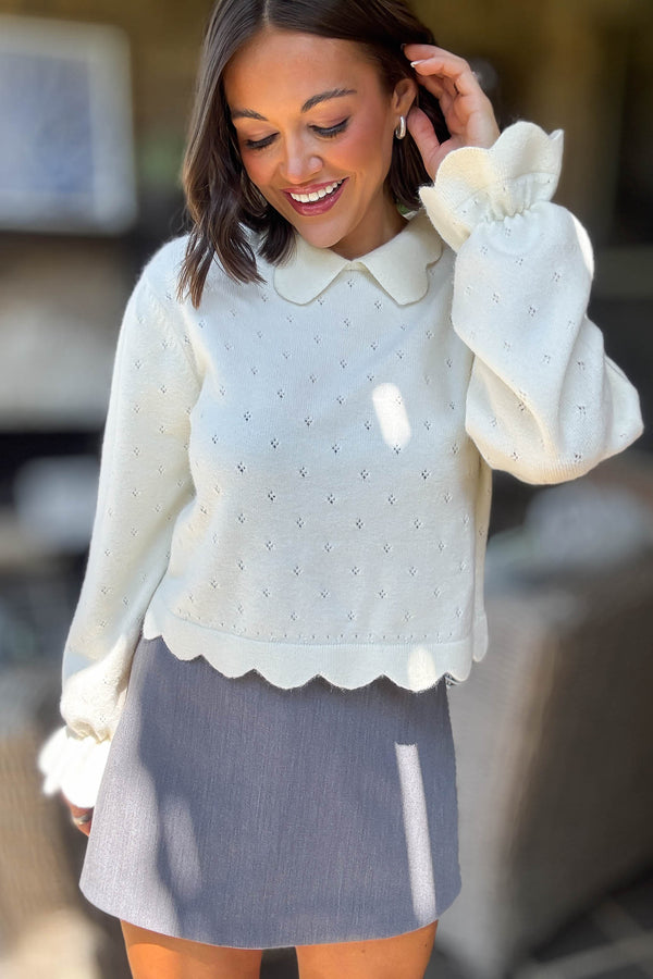 Mable Cream Knit Scallop Collar Hem Crop Pointelle Sweater Top