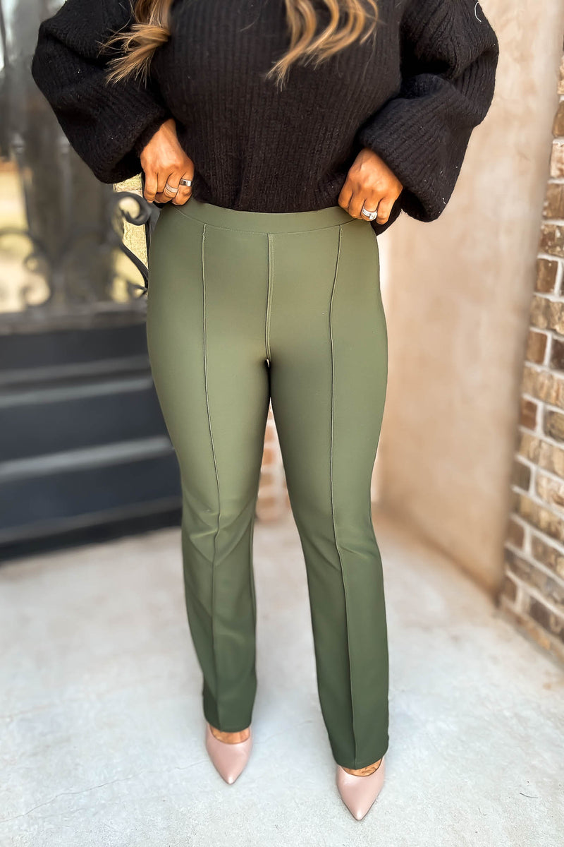 Business Casual Forest Scuba Knit High Rise Pintuck Tailored Boot Pant