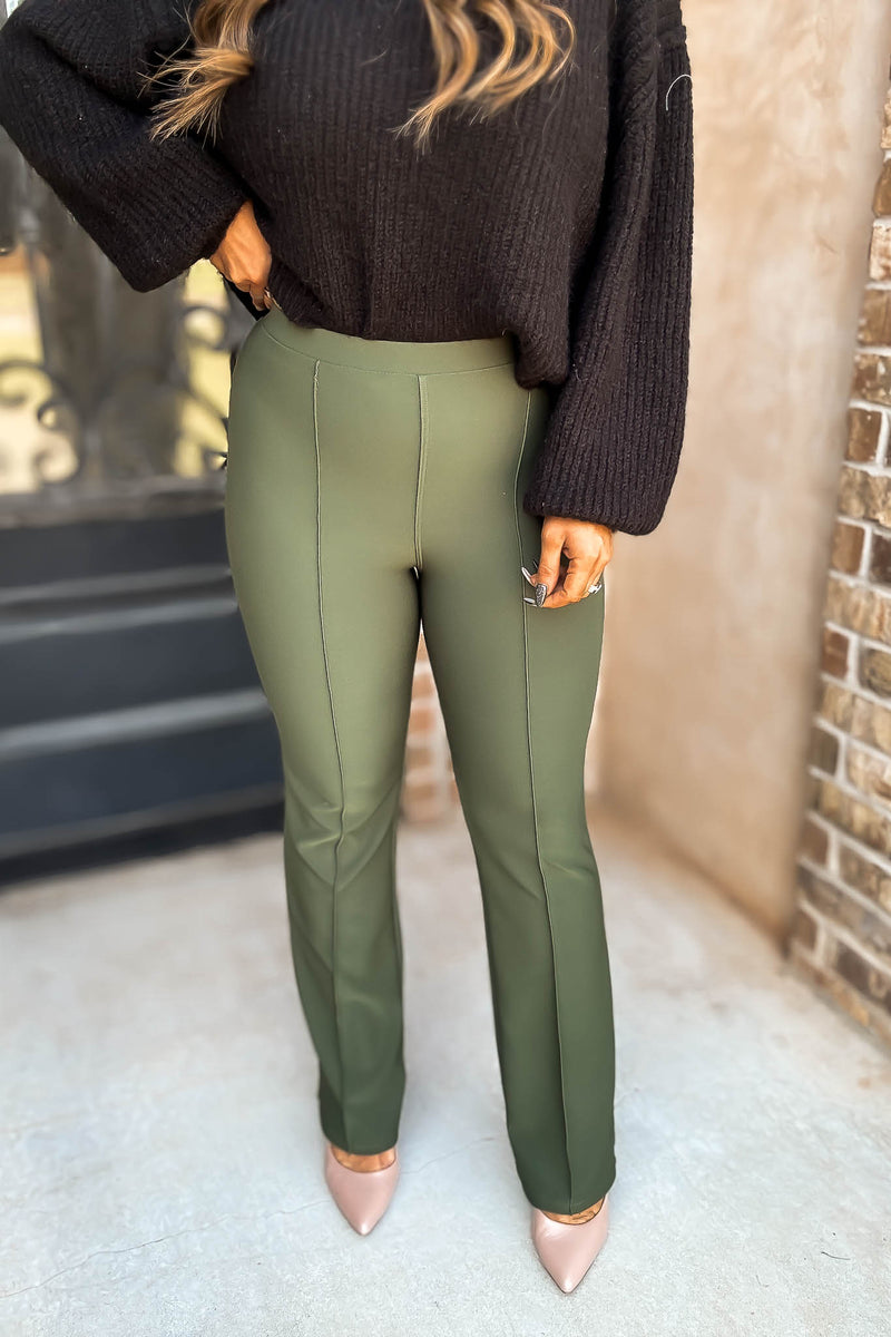 Business Casual Forest Scuba Knit High Rise Pintuck Tailored Boot Pant
