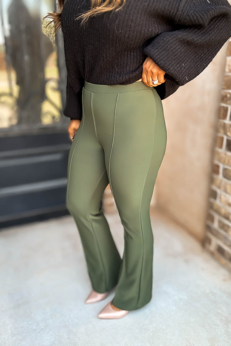 Business Casual Forest Scuba Knit High Rise Pintuck Tailored Boot Pant
