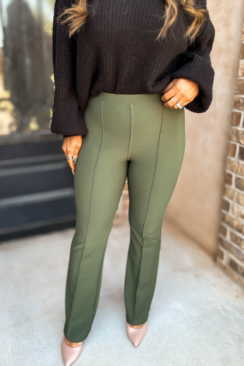 Business Casual Forest Scuba Knit High Rise Pintuck Tailored Boot Pant