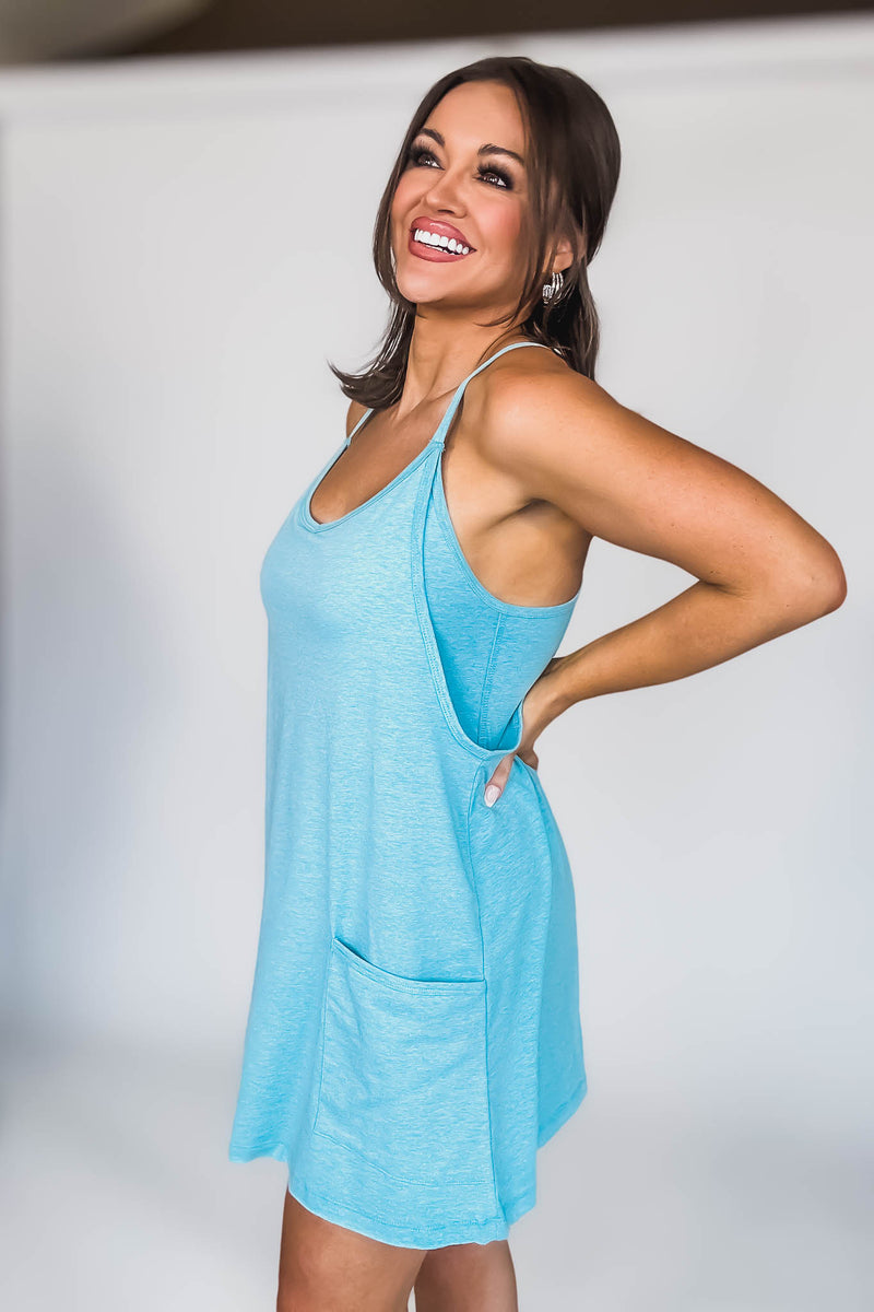 Vicky Heathered Light Teal Mini Dress With Built In Romper