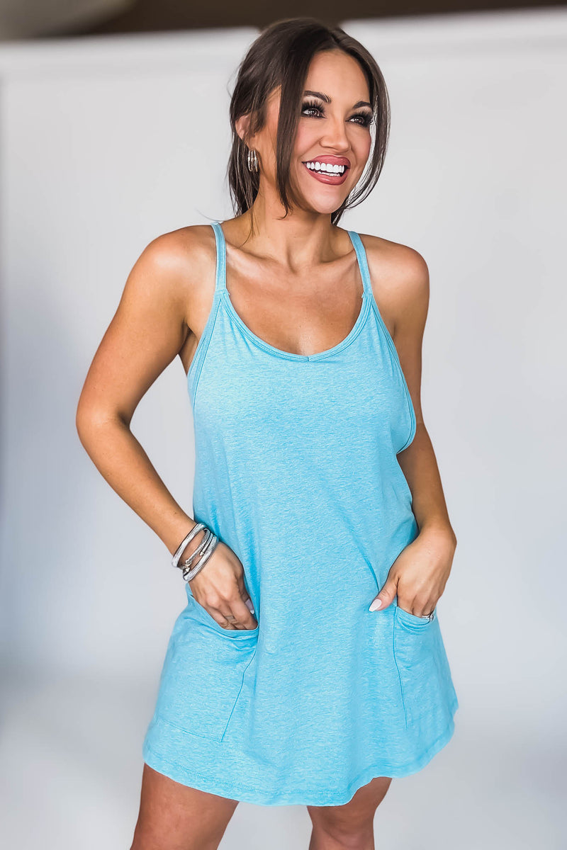 Vicky Heathered Light Teal Mini Dress With Built In Romper