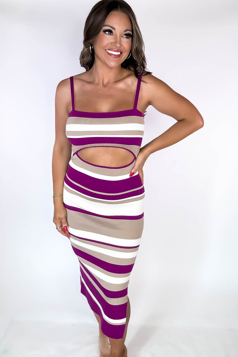 Mable Pink Magenta Striped Cut Out Knit Midi Dress