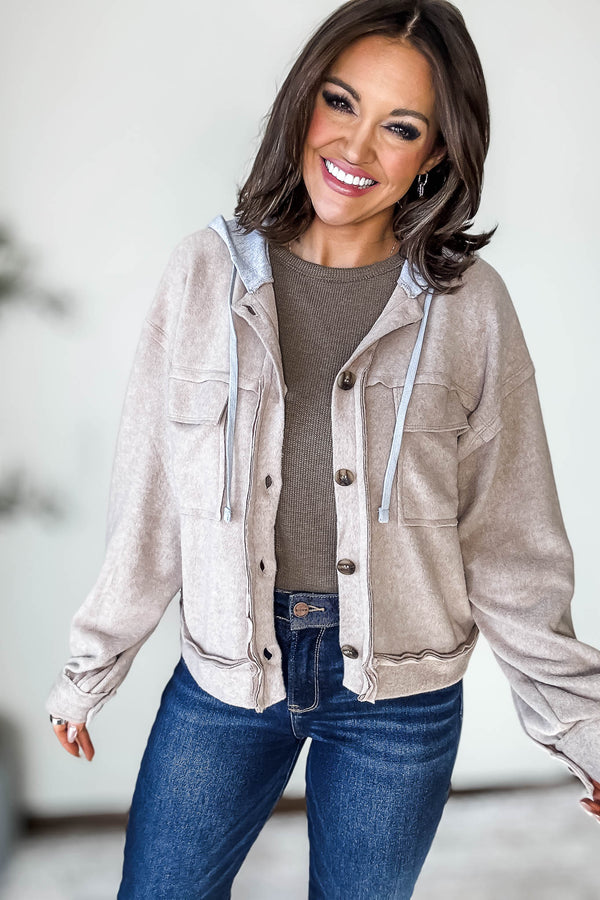 Brushed Hacci Ash Mocha Hooded Button Down Shacket