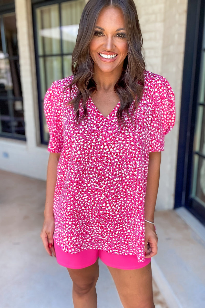 Take The High Road Pink Print V-Neck Puff Sleeve Top