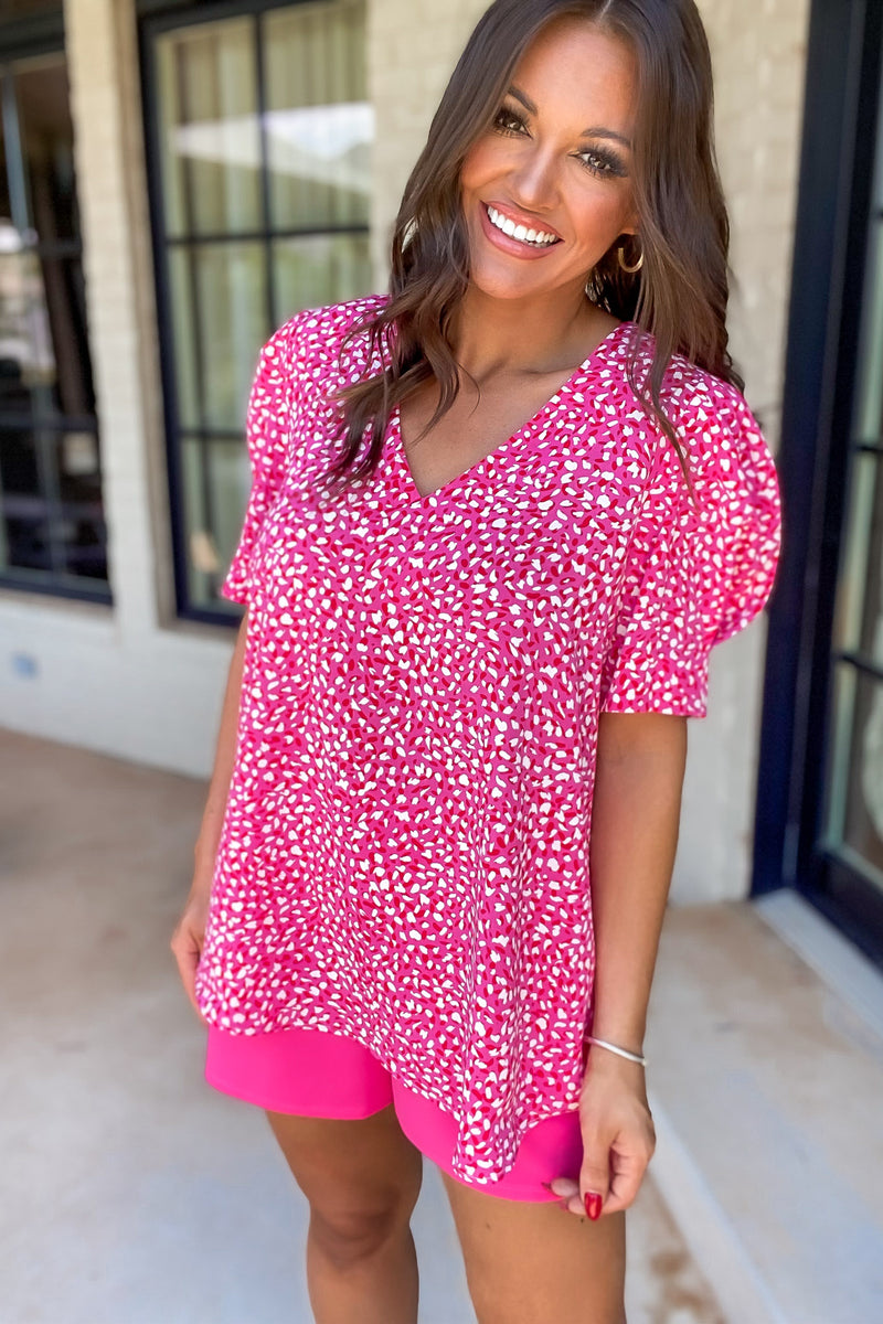 Take The High Road Pink Print V-Neck Puff Sleeve Top
