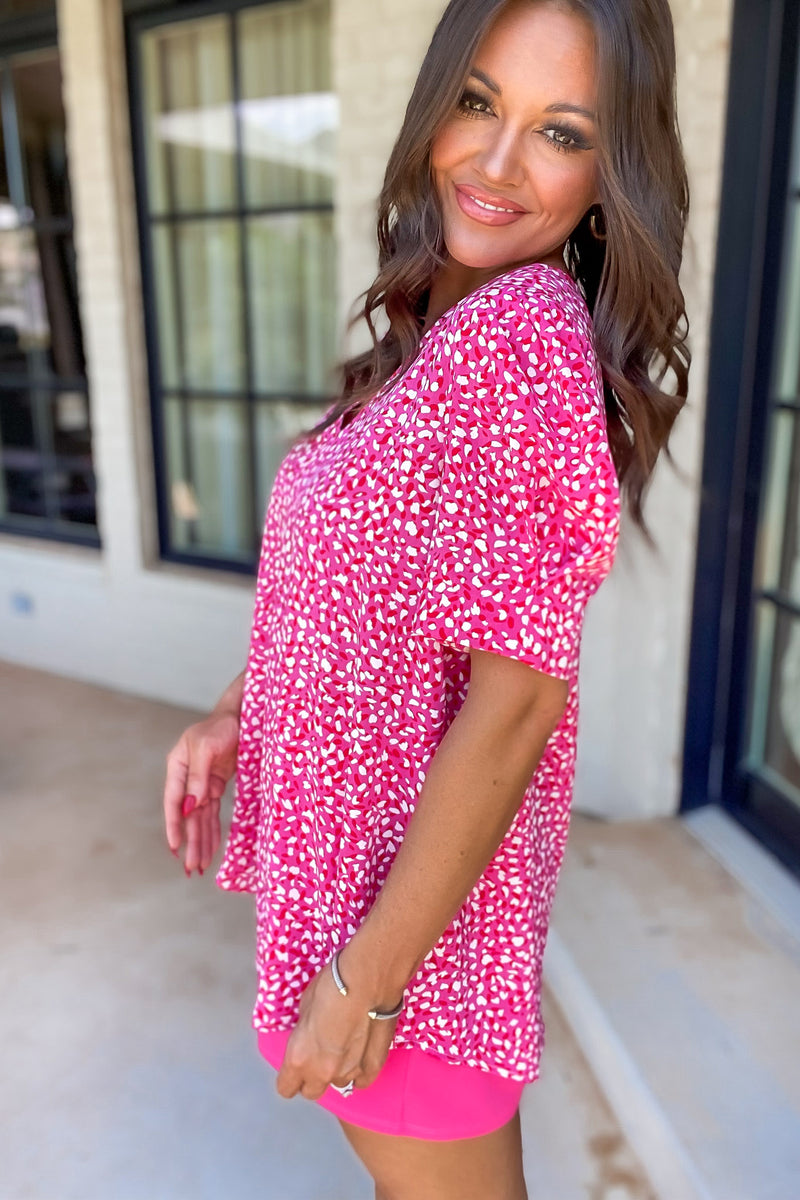 Take The High Road Pink Print V-Neck Puff Sleeve Top