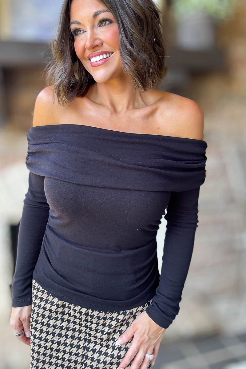 Black Long Sleeve Off Shoulder Knit Top