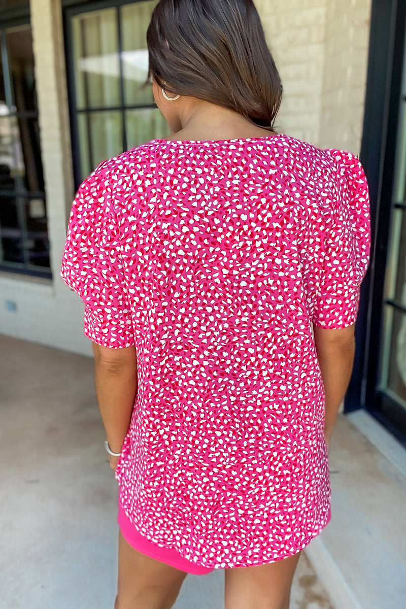 Take The High Road Pink Print V-Neck Puff Sleeve Top