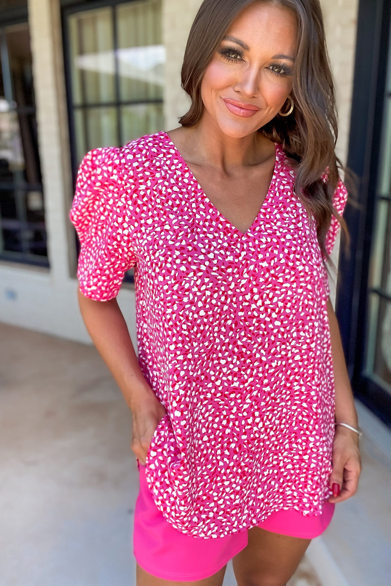 Take The High Road Pink Print V-Neck Puff Sleeve Top
