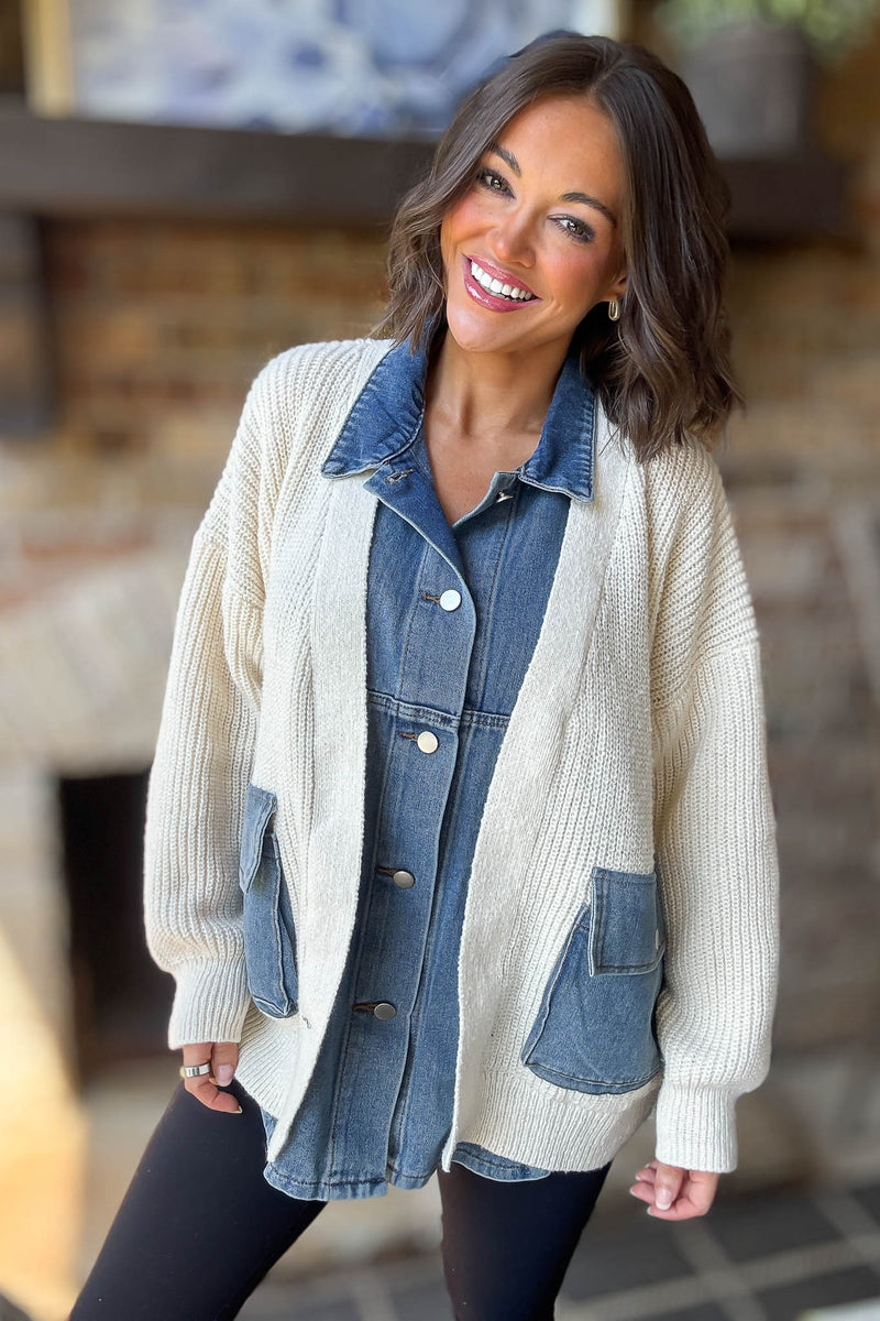 Mable Ribbed Knit Sweater With Denim Shirt Detail