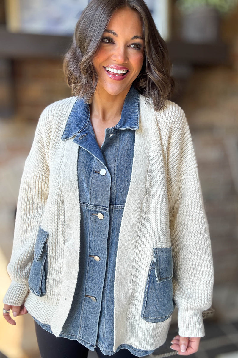 Mable Ribbed Knit Sweater With Denim Shirt Detail